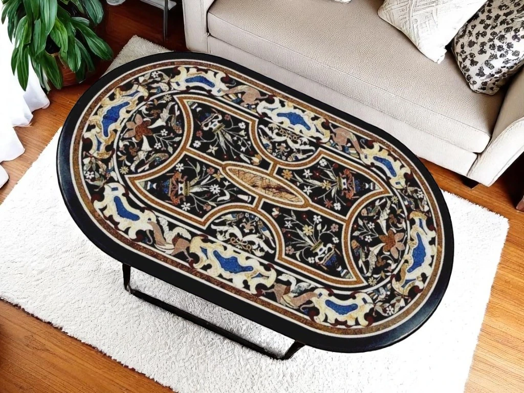 Black Marble Oval Inlay Table – Handmade Pietra Dura Art